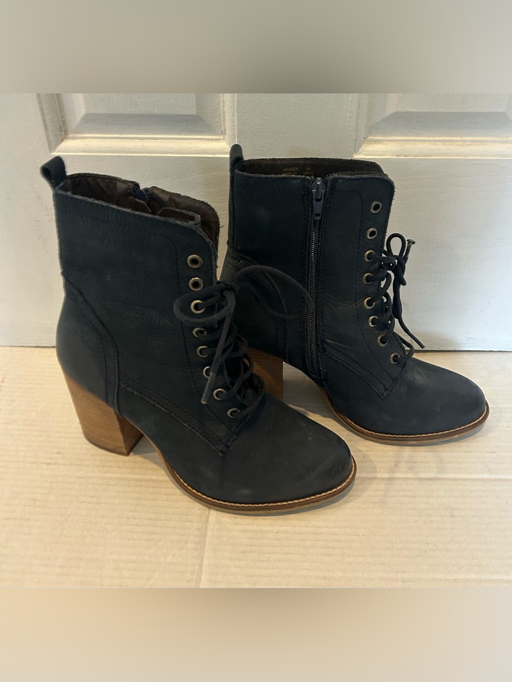 Steve Madden Navy Blue Lace-Up Ankle Boots with Wood Heel